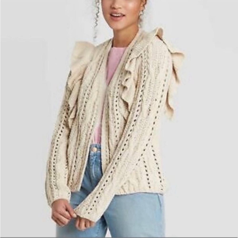 Universal Thread Cream Ruffle Open-Front Cable Knit Cardigan Size L 🤍 - Picture 1 of 15
